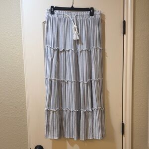 Attyre Navy & White Striped Tiered Tassel Maxi Skirt